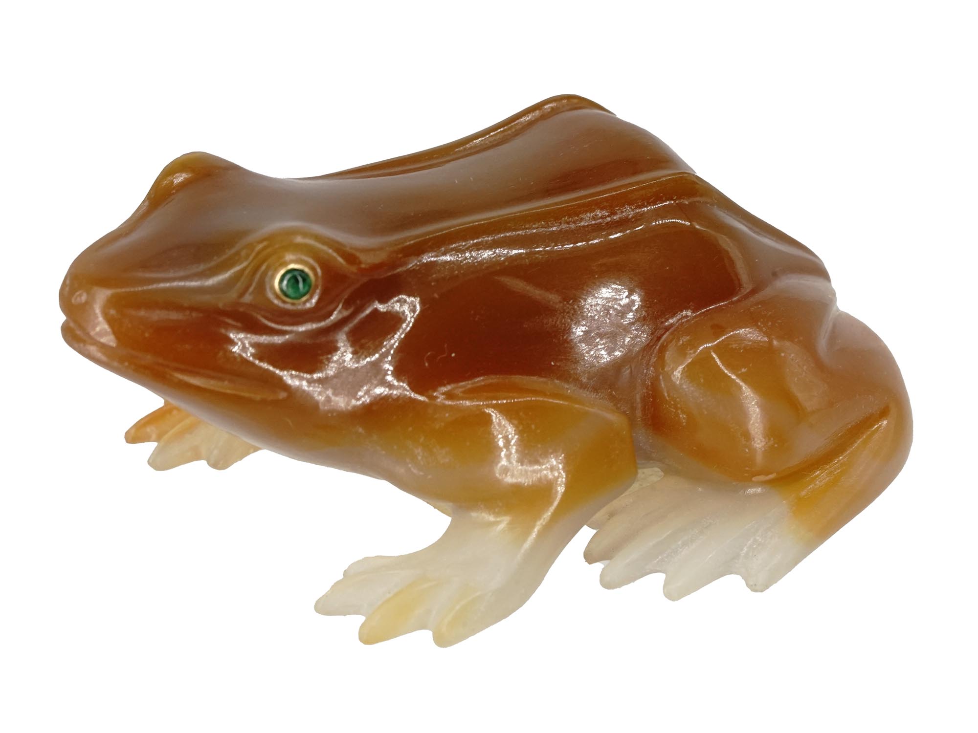 RUSSIAN CARVED AGATE EMERALD EYES FROG FIGURINE PIC-0